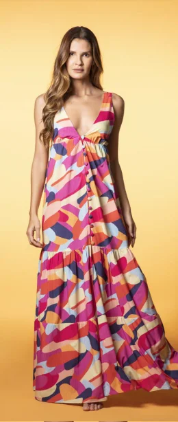 Vestido Longo Com Boto Frente