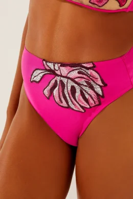 BIQUINI CALCINHA HOT PANTS FOLHAGENS BORDADO C ROSA/PINK