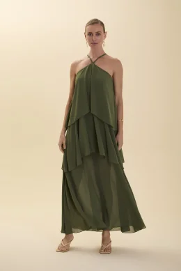 VESTIDO TRS MARIA C/ AMARRAO PESCOO VERDE MILITAR